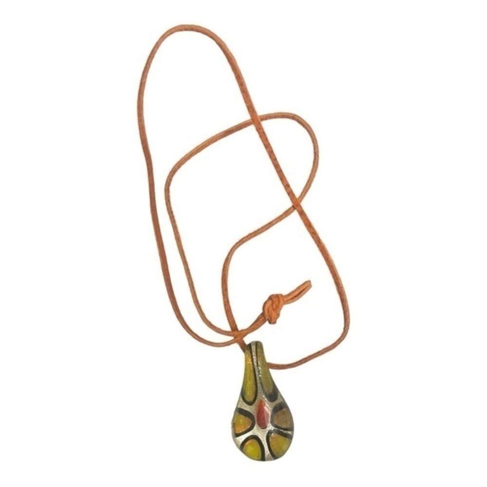 Vintage Art Glass Light Green Olive/red Pendant Dichroic Swirl Teardrop Shape